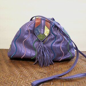 NWOT Sharif 1980s-90s Purse Bag Shoulder Purple Leather Multicolor Stitching